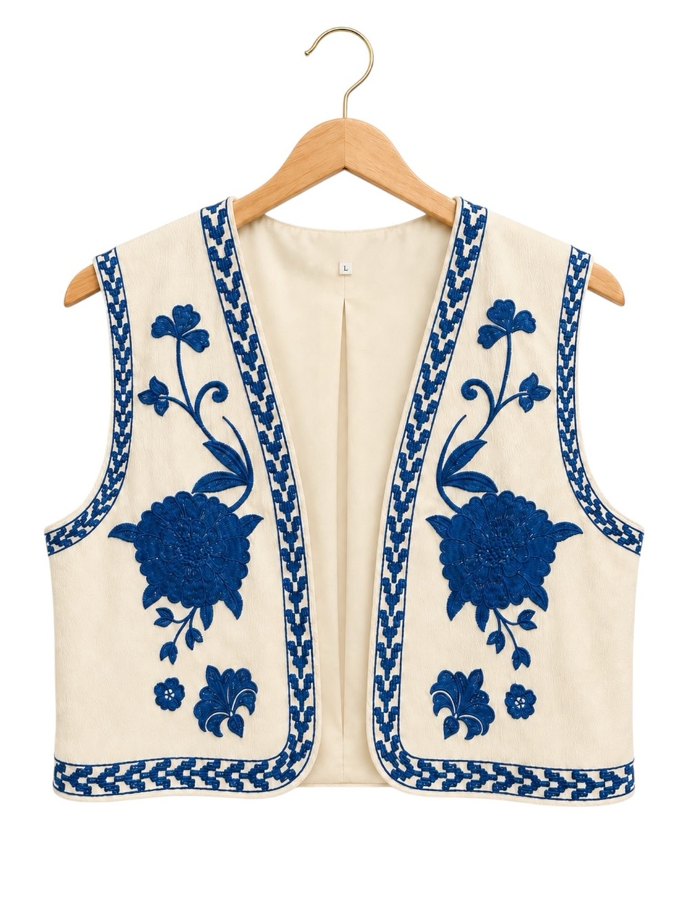 Womens Blue White Embroidered Floral Open Front Boho Vest Size Large Cottagecore